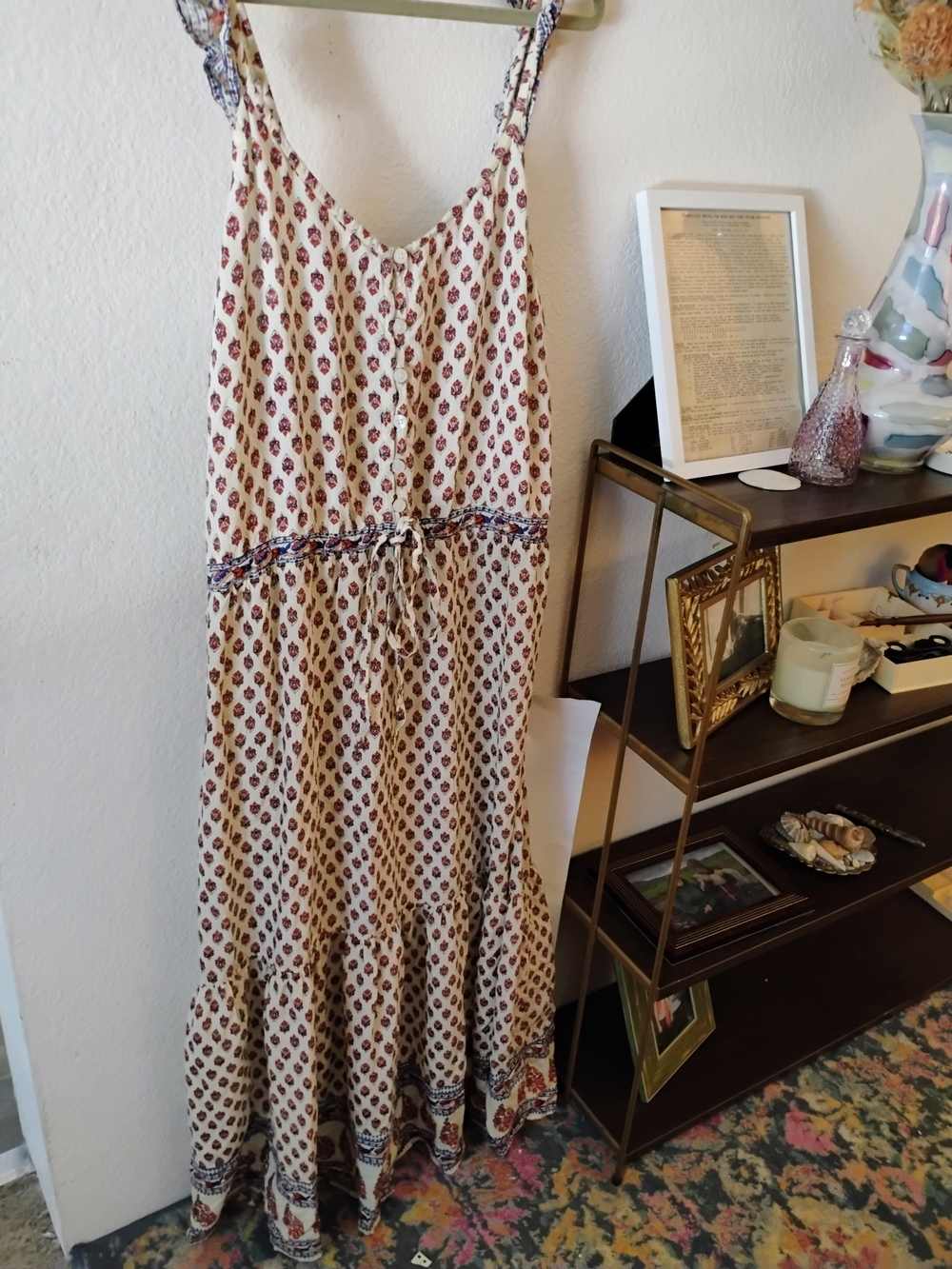 True Destiny Boho Block Print Maxi Dress Rayon Tiered Plus Size 1X Cream Red